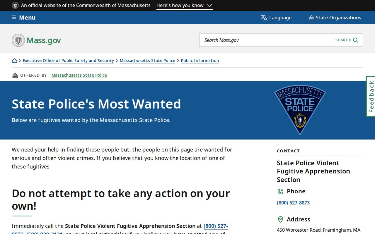 Massachusetts State Police wanted notice page, a selected law enforcement list