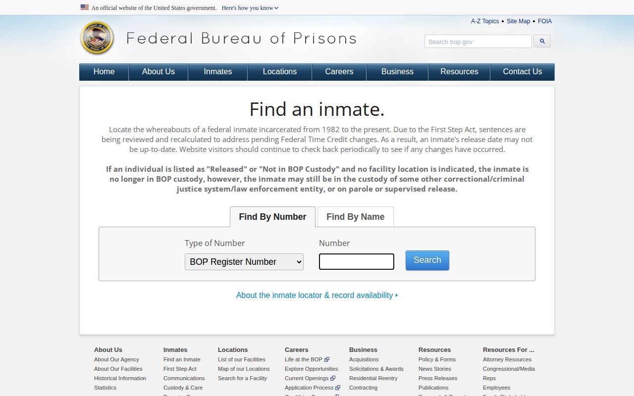 Federal Bureau of Prisons locator search fields for federal custody records