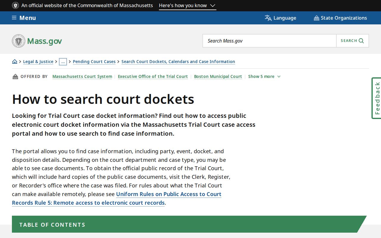 Massachusetts court docket search instructions for arrest case records