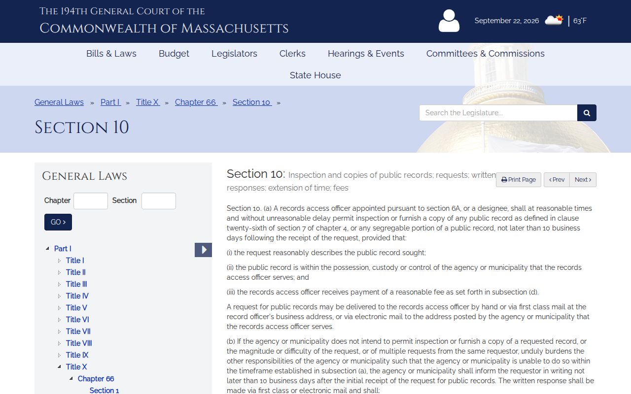 Massachusetts public records statute page for booking record requests