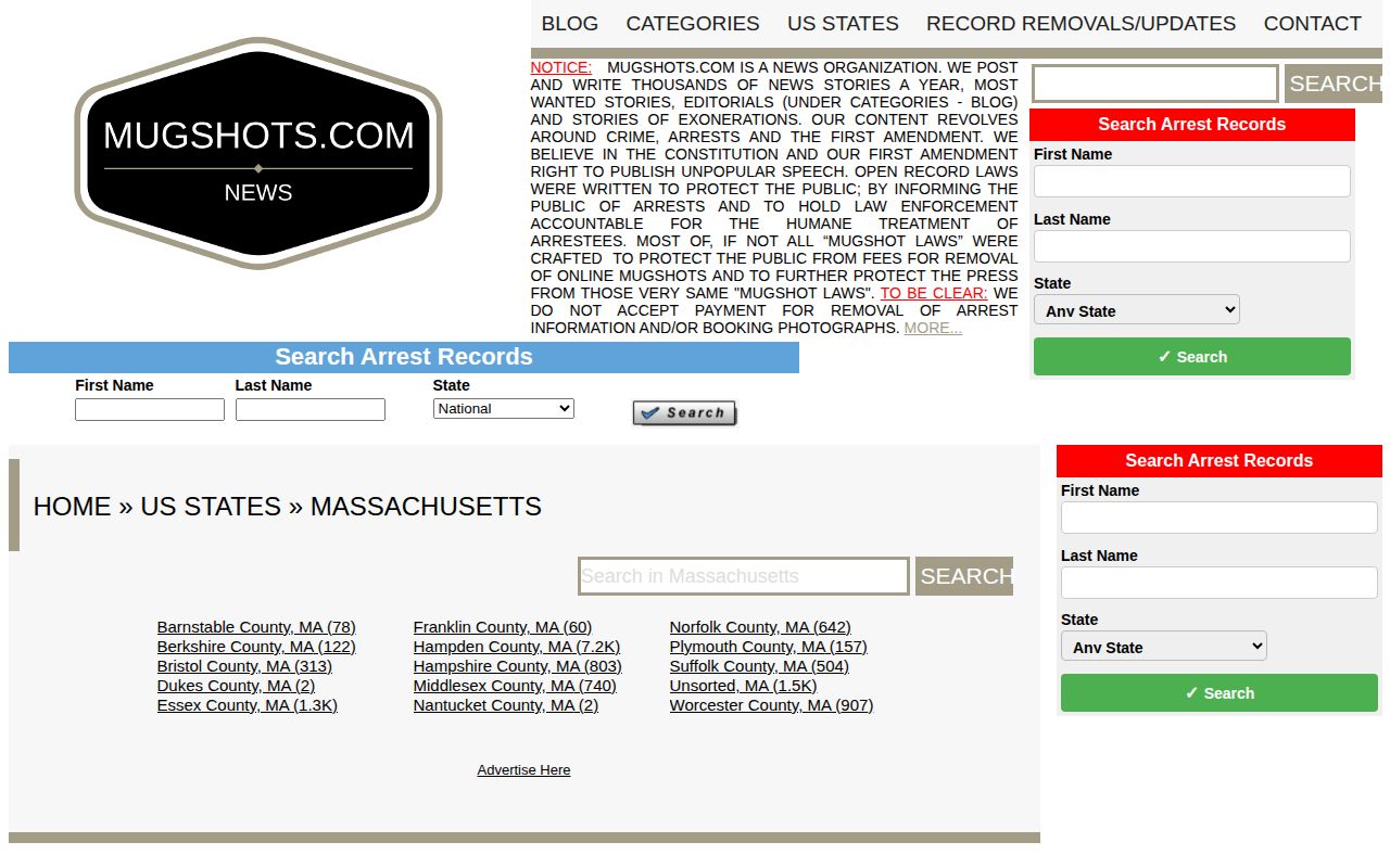 Massachusetts third-party arrest archive page, an unofficial secondary source