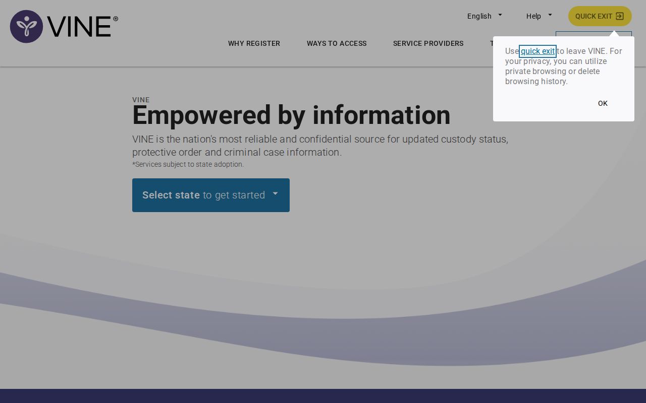 VINELink public custody-status service landing page